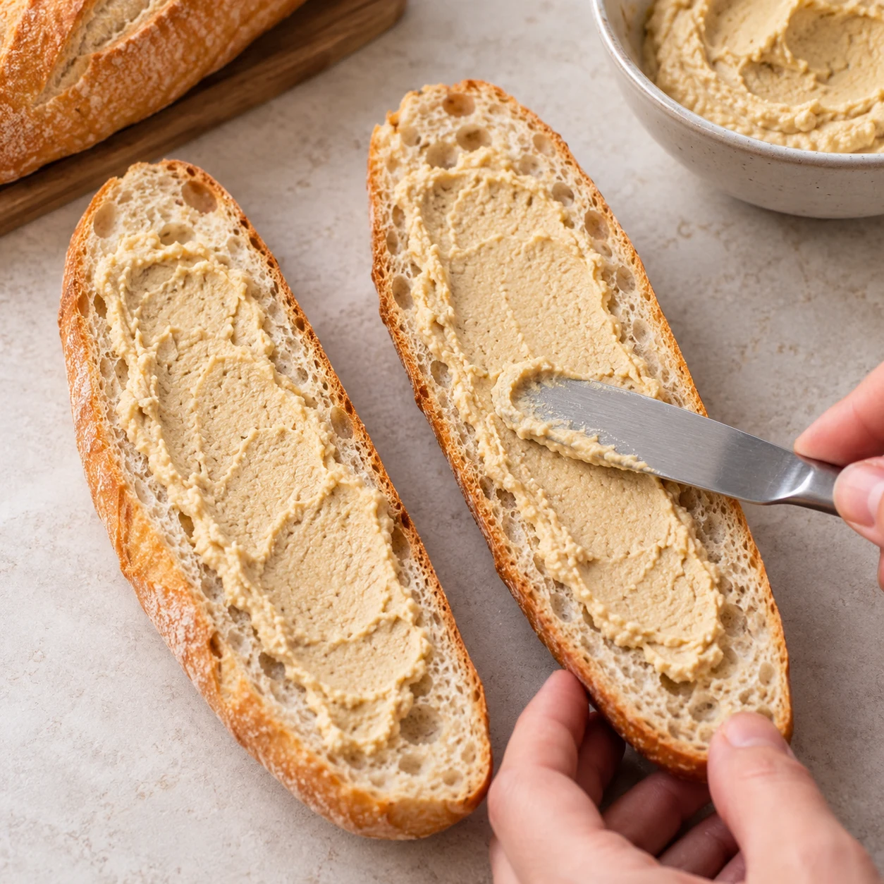 Intérieur d’une petite baguette tartiné de houmous nature.