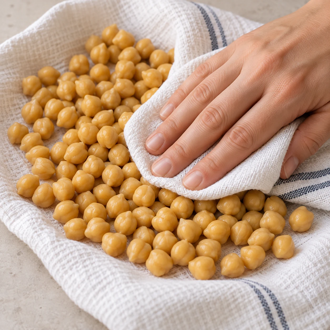 Une seule phase : Séchez les 200 g de pois chiches cuits égouttés avec un torchon propre ou du papier absorbant. État attendu : La surface des pois chiches ne laisse plus d’eau sur le torchon. Sans texte, sans personne identifiable, uniquement les ingrédients de cette étape.