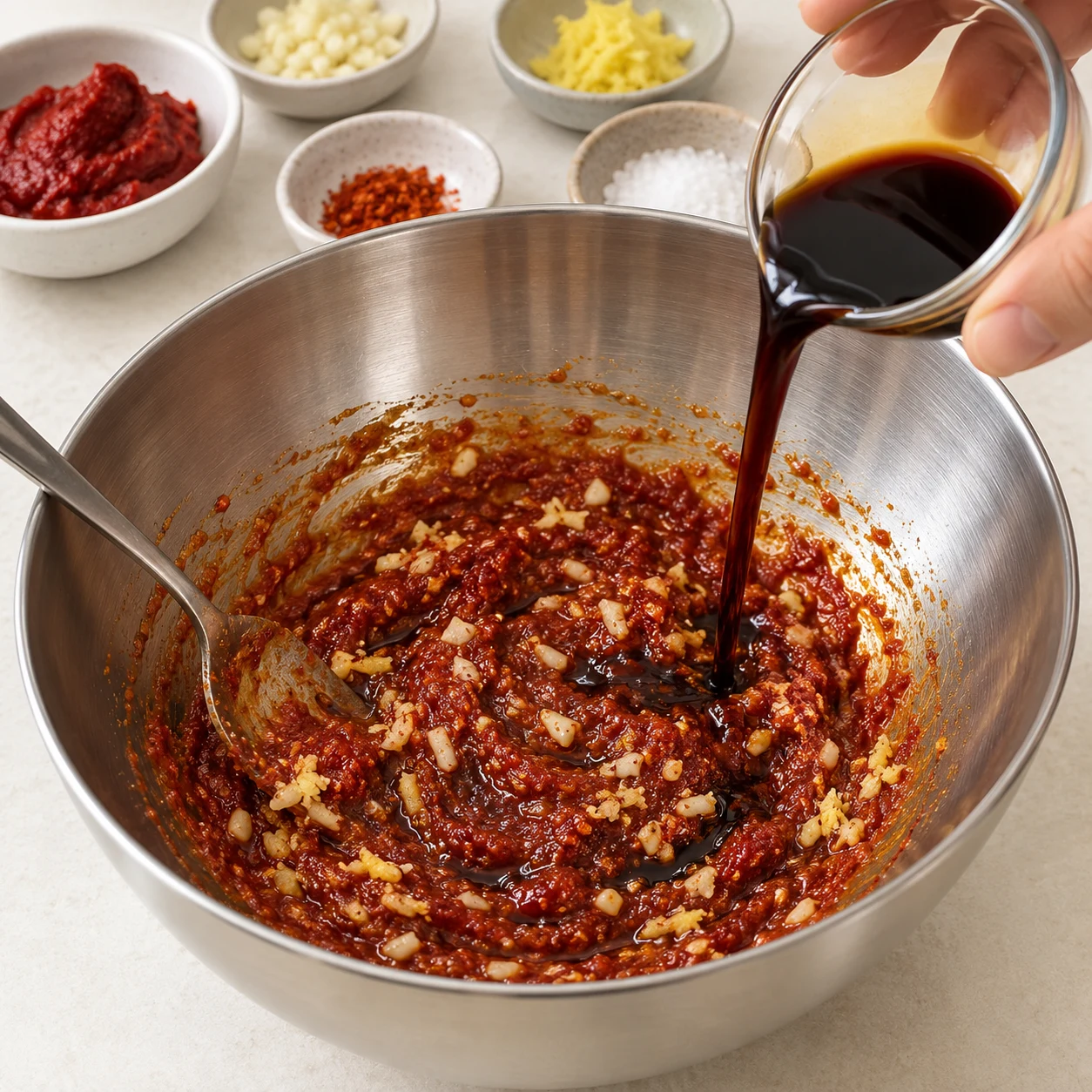 Préparer la marinade des boulettes : Dans un saladier, mélange les 10 g de concentré de tomates et les 0,3 g de piment, le gingembre râpé, les 2 gousses d’ail émincées, la 1/2 c. à café de sauce soja, le sel et les 20 g d’eau chaude.