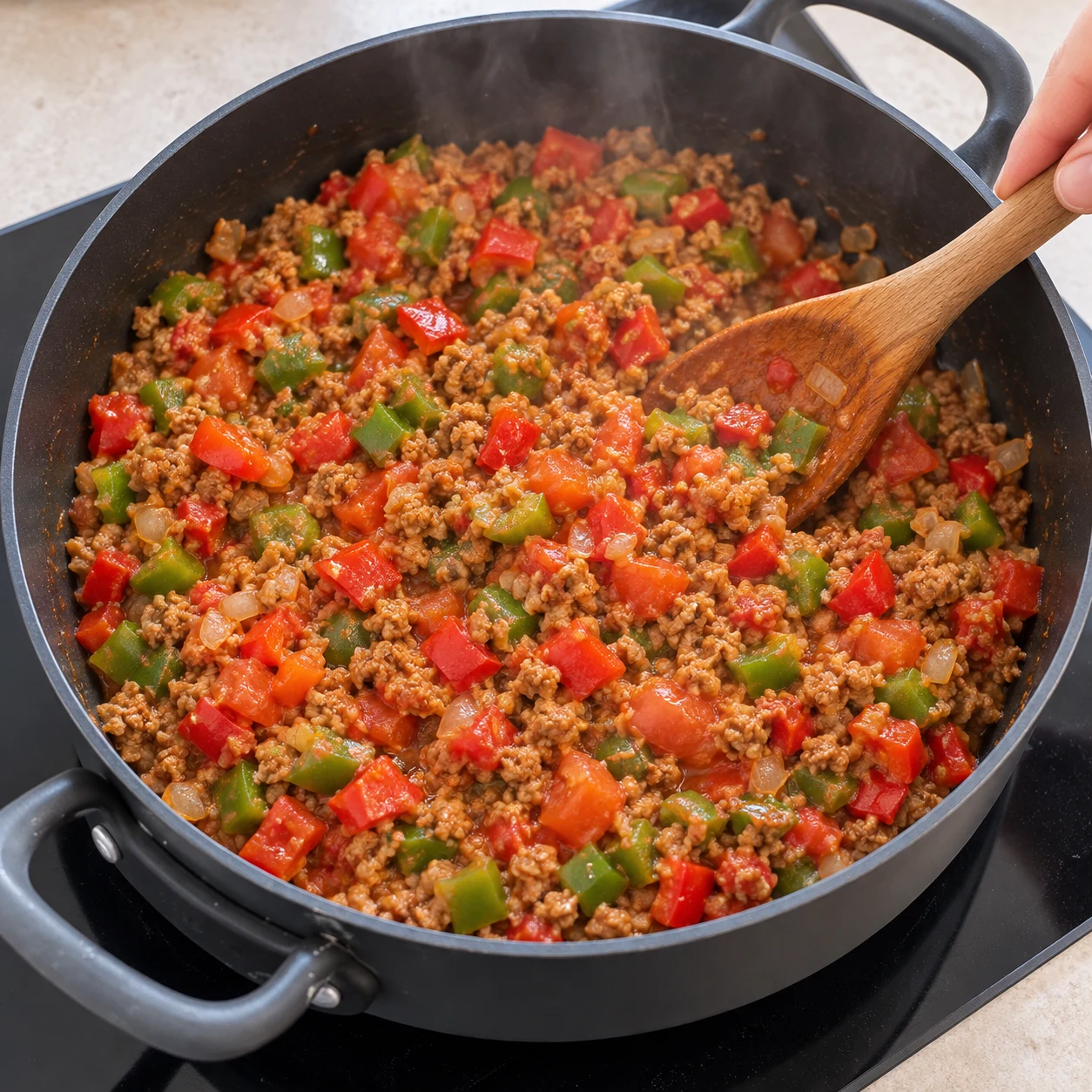 Ajouter les légumes. Les dés rouges et verts sont répartis dans le haché.