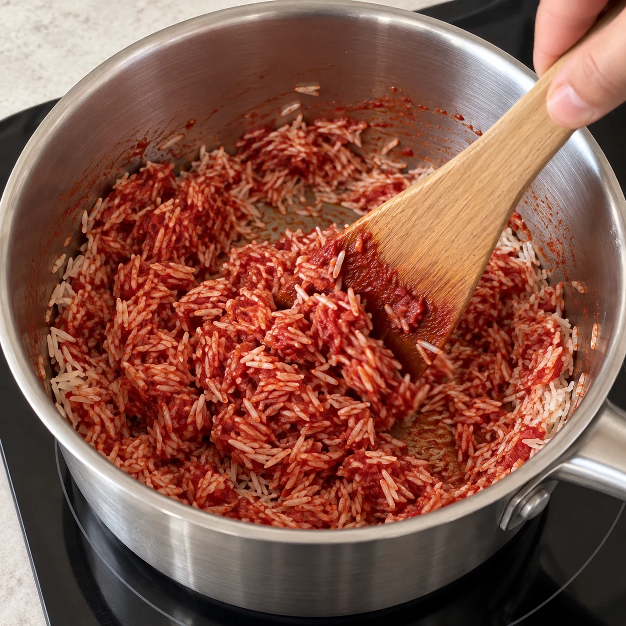 Riz cru blanc long et concentré rouge dans une casserole inox, spatule qui mélange ; sans liquide ni bouillon à ce stade.