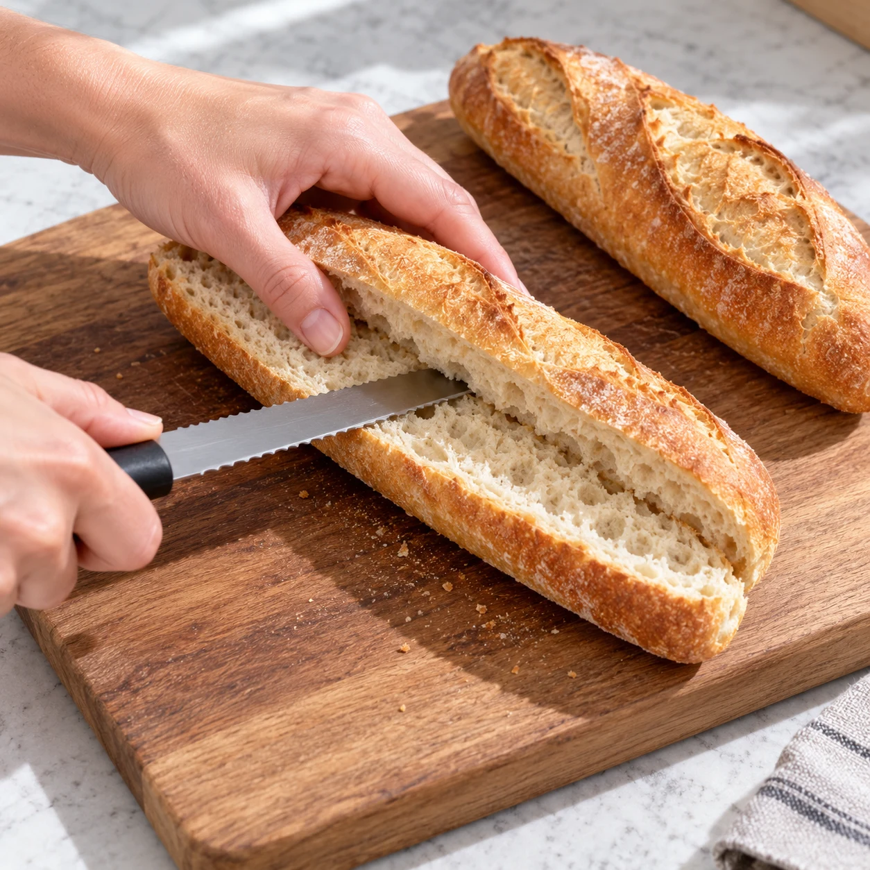 Mains anonymes ouvrant une petite baguette dans la longueur.