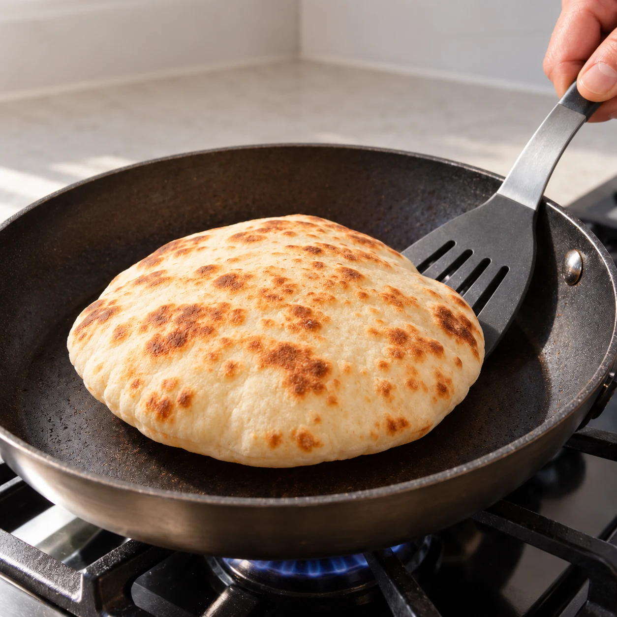Une pita de pâte déjà pétrie et levée gonfle dans une poêle sèche. Farine, eau, levure, sel et sucre sont incorporés à la pâte ; aucun bol ni ingrédient brut séparé, aucune huile.