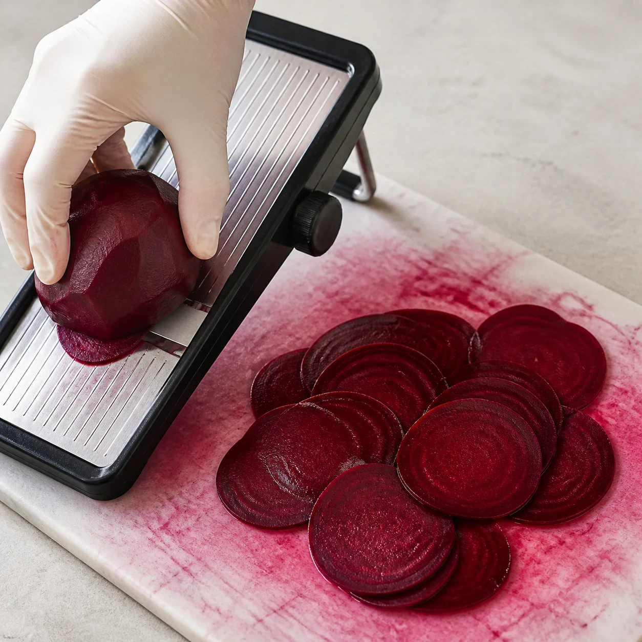 Betterave crue épluchée et tranches de betterave rouge violacé de deux millimètres d'épaisseur posées à côté d'une mandoline de cuisine, une main d'adulte gantée tenant le légume, planche teintée de jus rouge, aucun autre ingrédient, aucun texte, aucune marque.