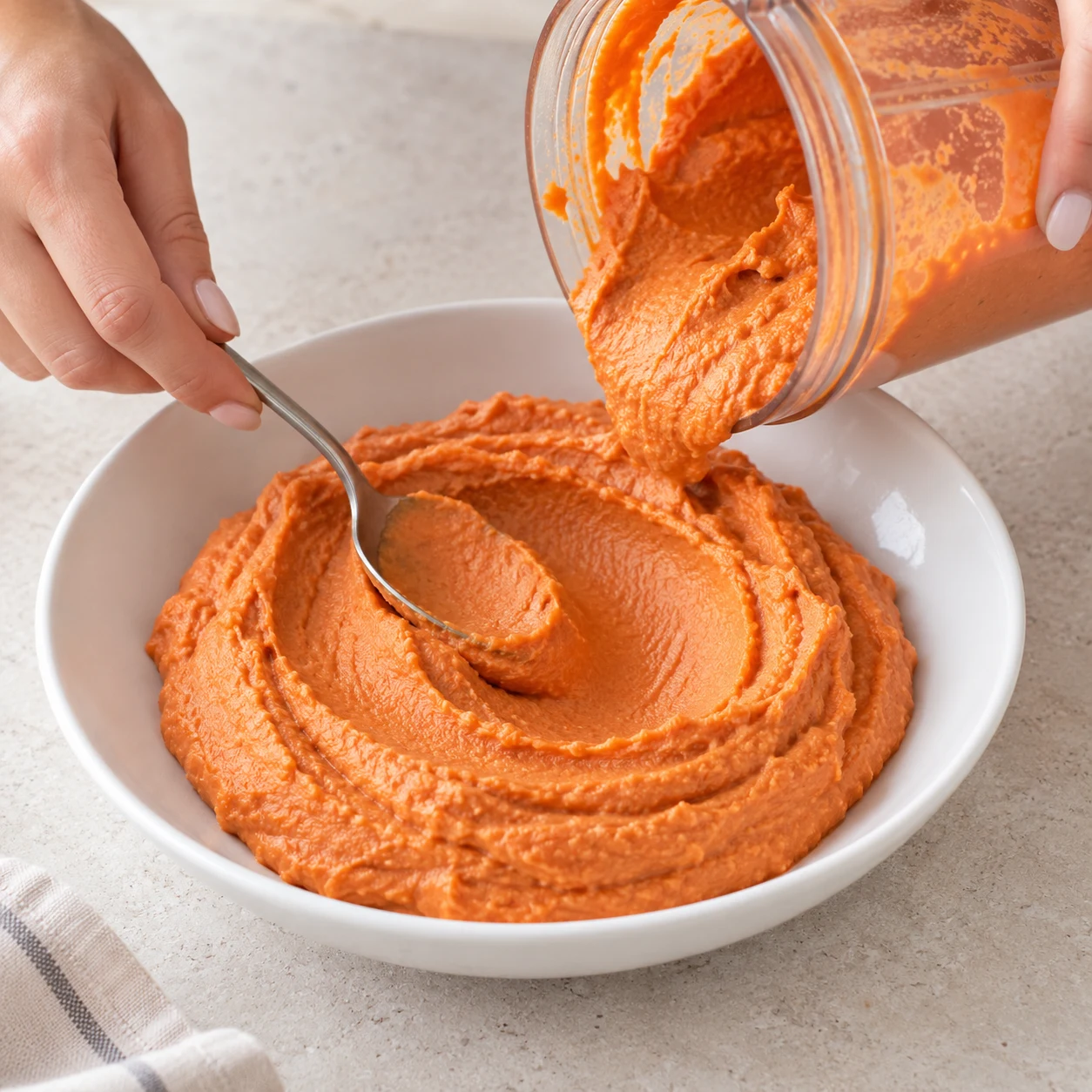 Une main anonyme étale le houmous orange à la cuillère dans une assiette creuse blanche.