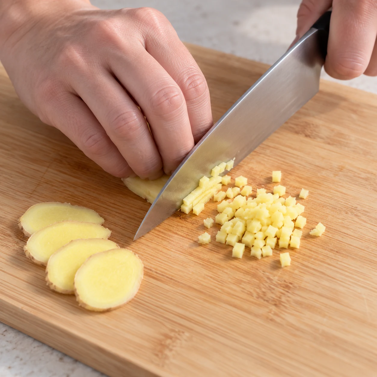 Coupe les 4 tranches de gingembre de 1 mm en petits dés, avec les doigts repliés et la pointe du couteau dirigée vers la planche.