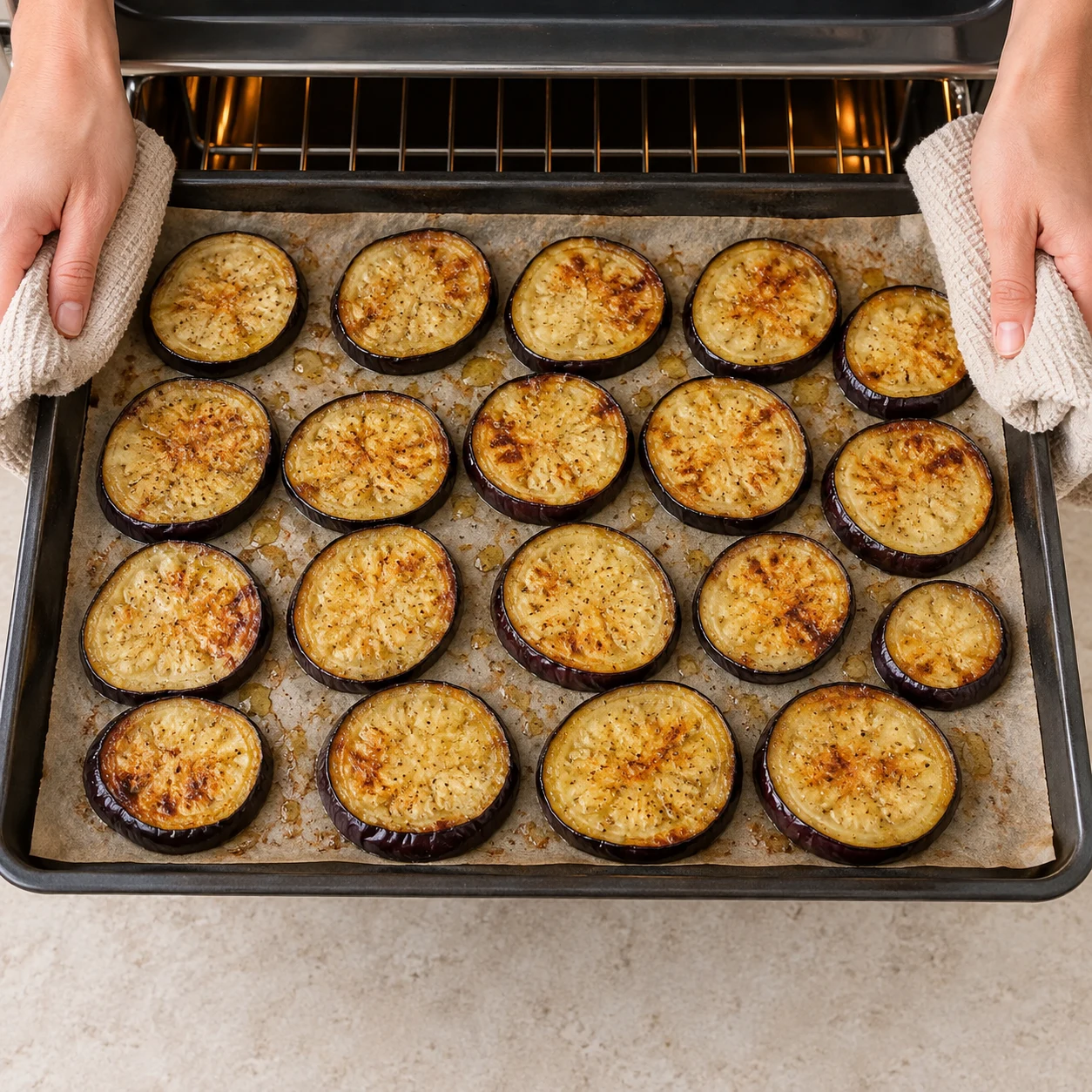 Une seule photo de l’action « Rôtir les aubergines », les aubergines sont tendres à cœur et dorées en surface.