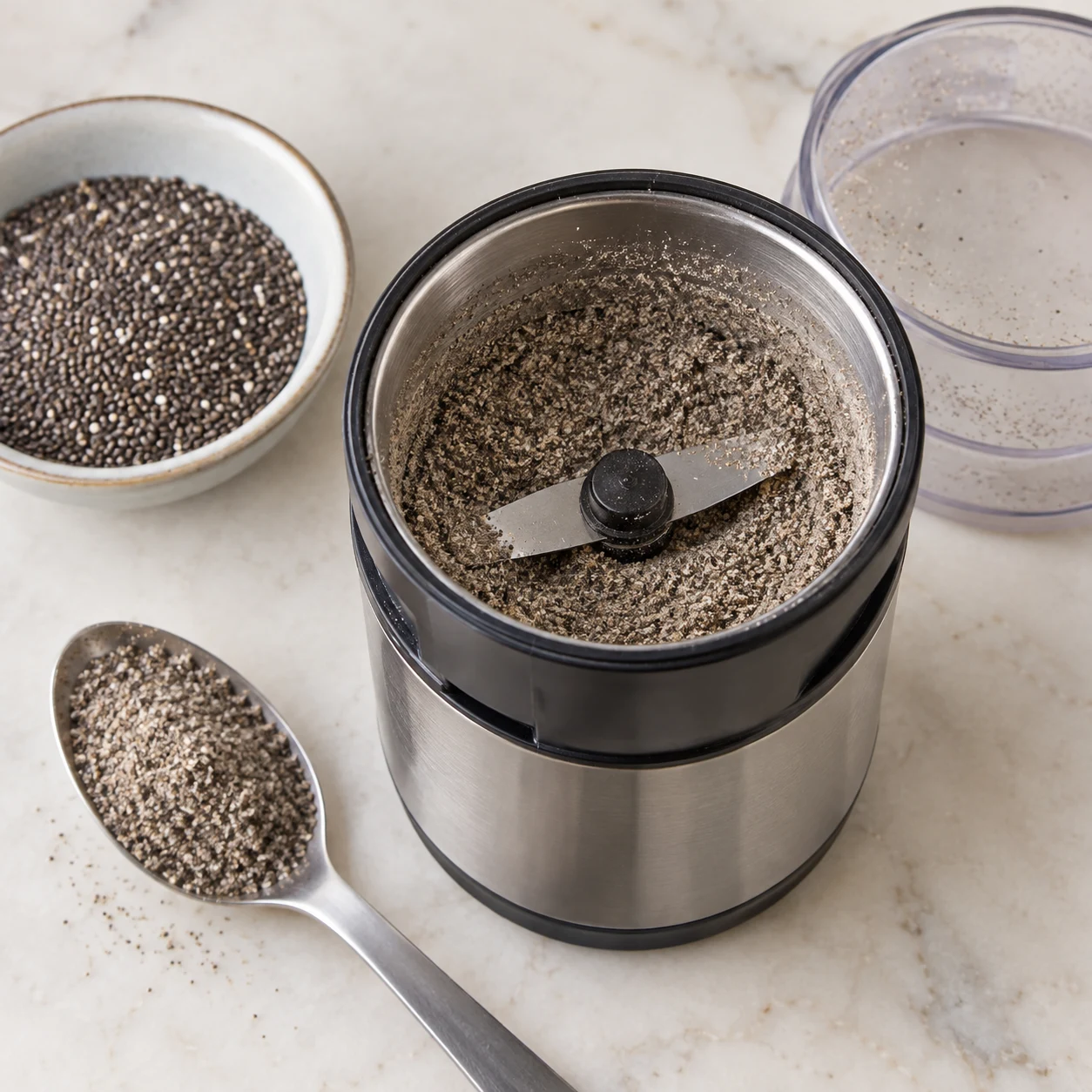 Moudre le chia : Les graines de chia sont finement moulues.