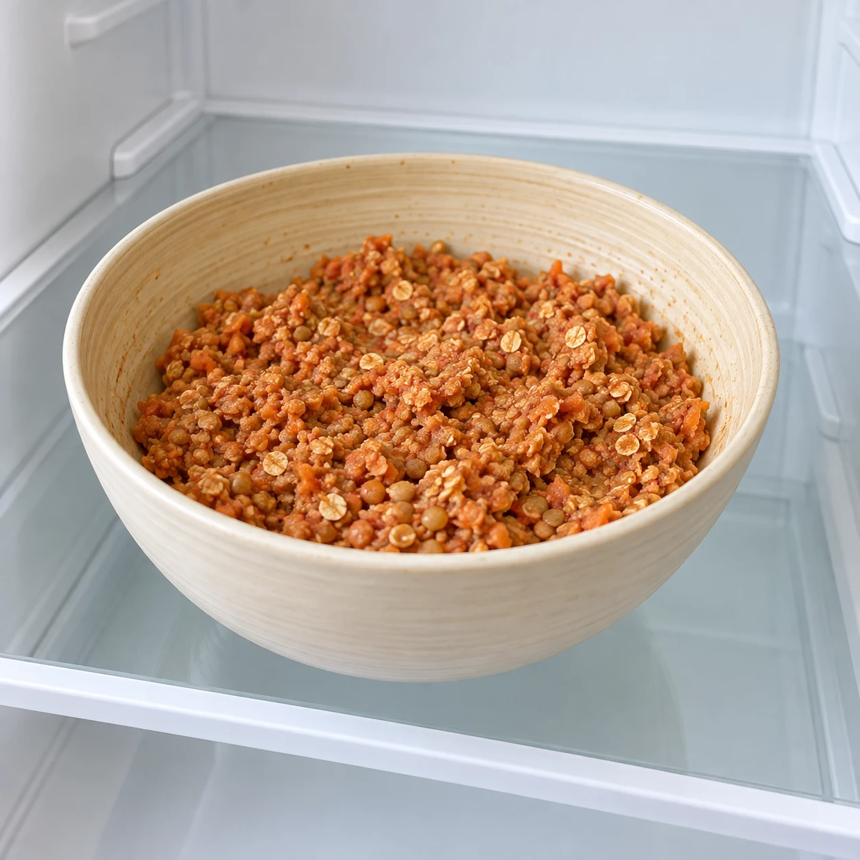 Bol de pâte orange aux lentilles et petits flocons posé sur une étagère de réfrigérateur.