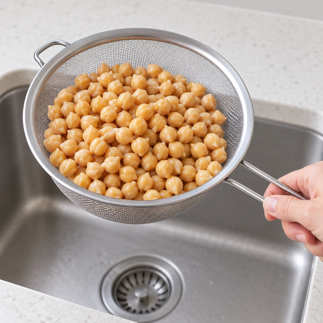 Passoire métallique pleine de pois chiches égouttés au-dessus d’un évier neutre.
