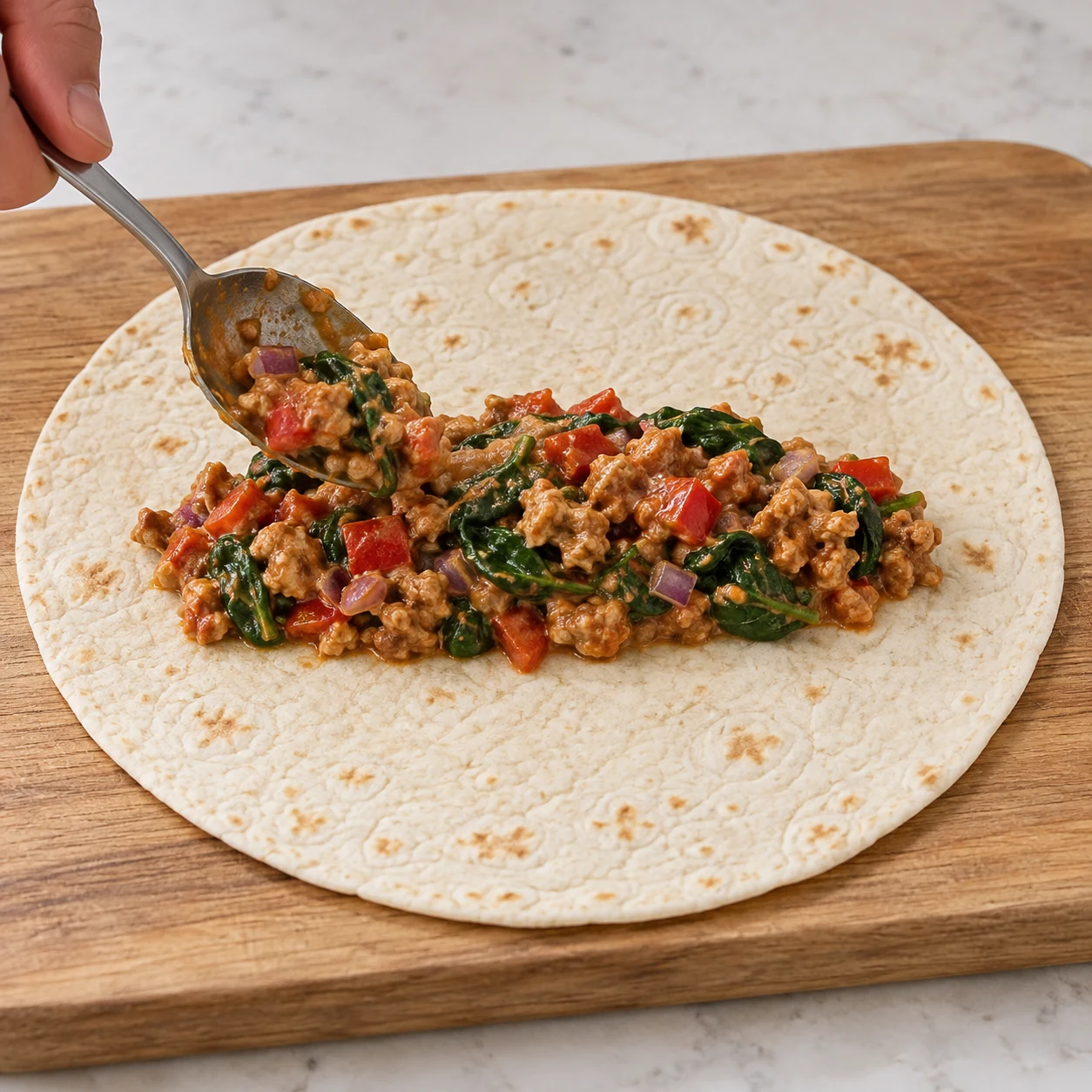 Répartis la farce au centre des six tortillas, en laissant les bords libres. Montrer uniquement les ingrédients présents à ce stade, sur un plan de travail en pierre claire.