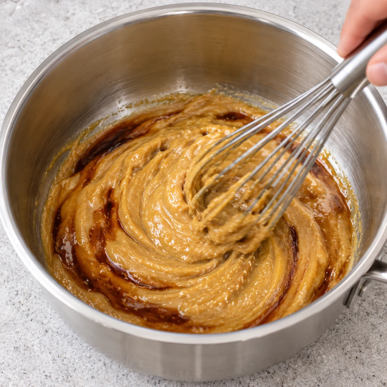 Fouet mélangeant beurre de cacahuète et liquides bruns dans une casserole froide.