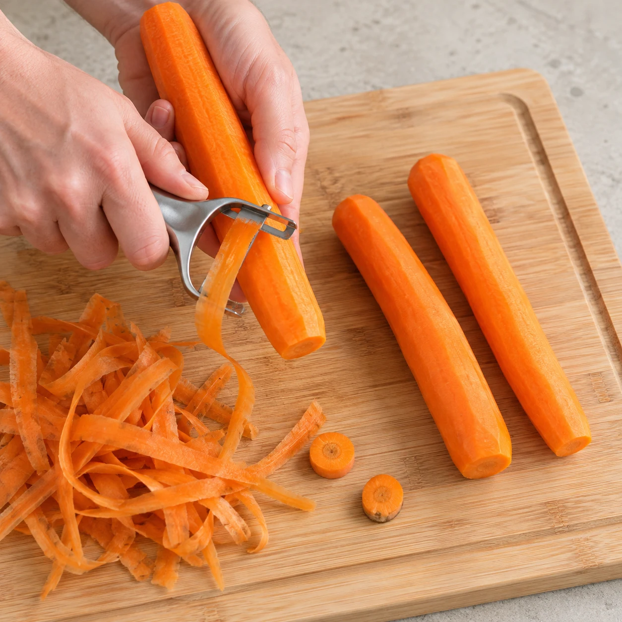 Épluche les carottes et enlève leurs extrémités. État à montrer : La peau et les extrémités sont retirées.