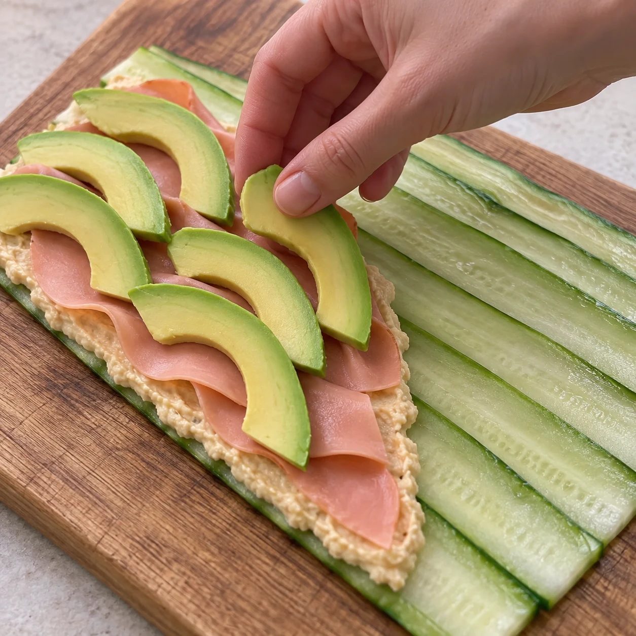 Déposer l’avocat : Les lamelles d’avocat sont réparties sur la garniture.
