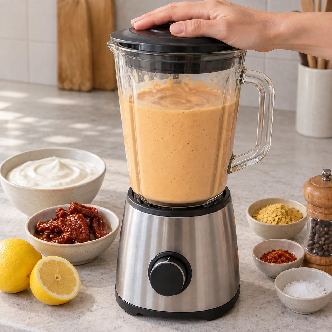 Blender fermé contenant une sauce homogène orange pâle.