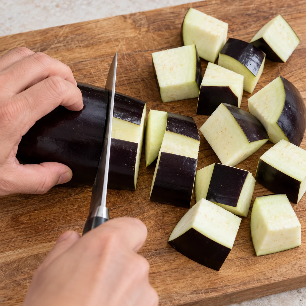 Morceaux épais d’aubergine crue découpés sur une planche.