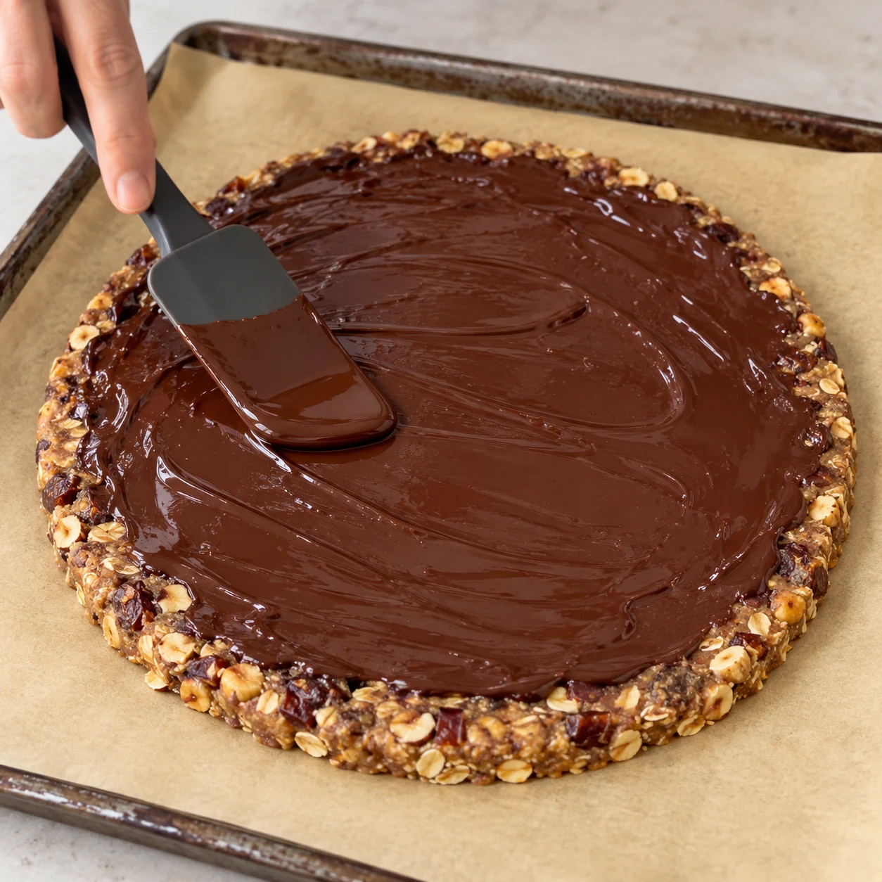 Spatule étalant chocolat fondu sur grand disque fin de pâte rustique.
