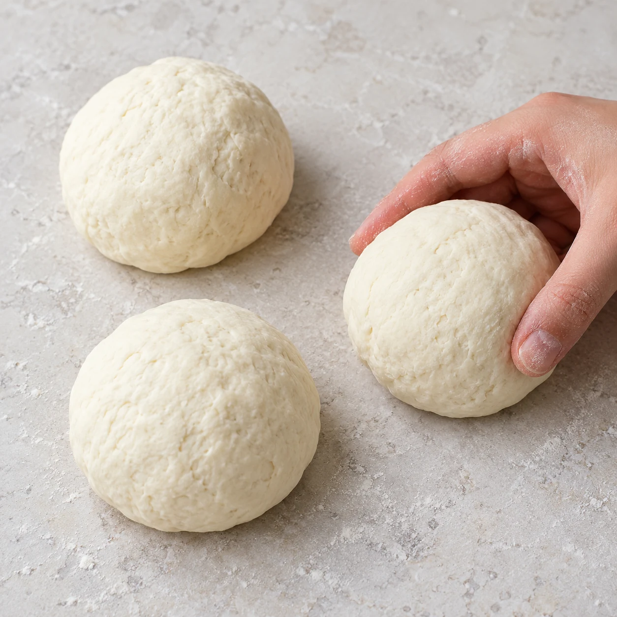 Une main divise la pâte avec un coupe-pâte ; trois portions sur pierre pâle.