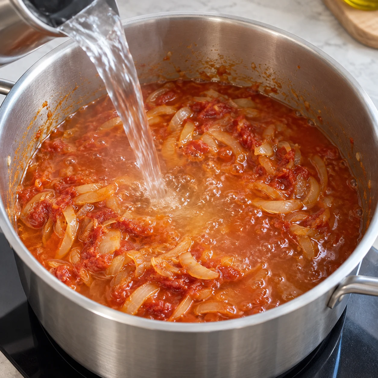 Une seule action : Ajouter l’eau bouillante. La base est couverte d’une sauce liquide. Version végétale aux pois chiches, aucune viande, aucun seitan, aucun tofu.