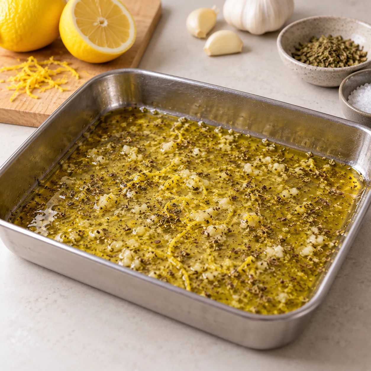 Marinade d’huile citron ail origan dans un plat peu profond.