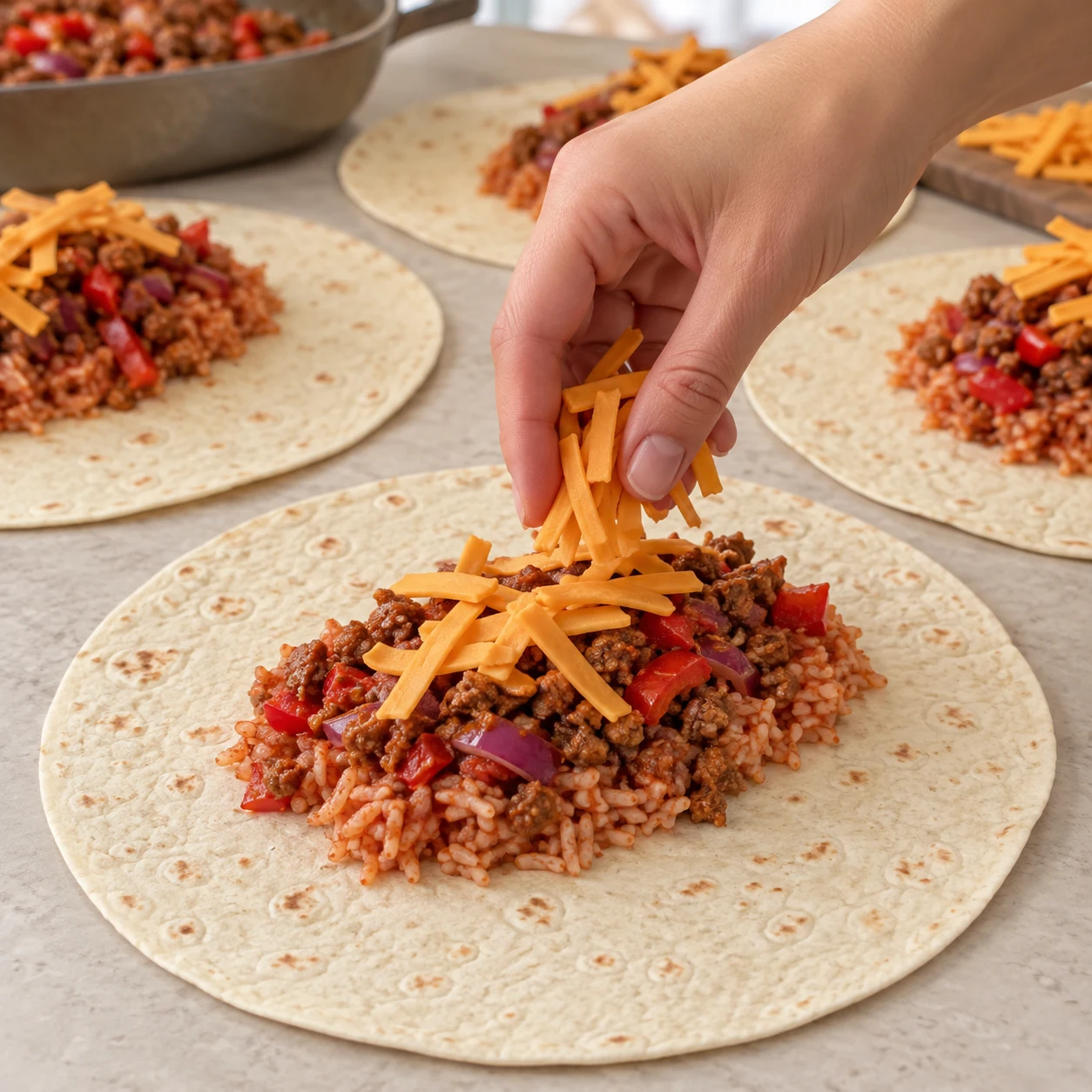 Une tortilla garnie au centre de riz rouge, farce végétale avec poivron rouge et oignon rouge, fines lanières orange de tranchettes végétales ; main anonyme qui garnit.