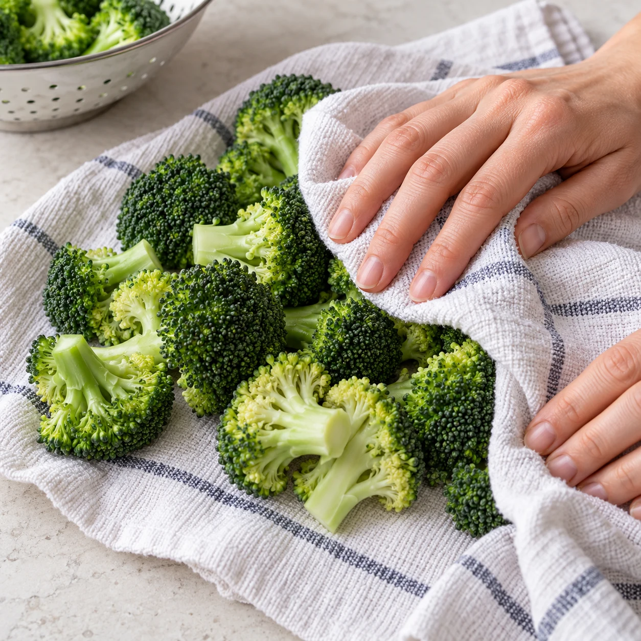 Séchez soigneusement le brocoli. Montrer uniquement cet état, sur pierre pâle et sans texte.