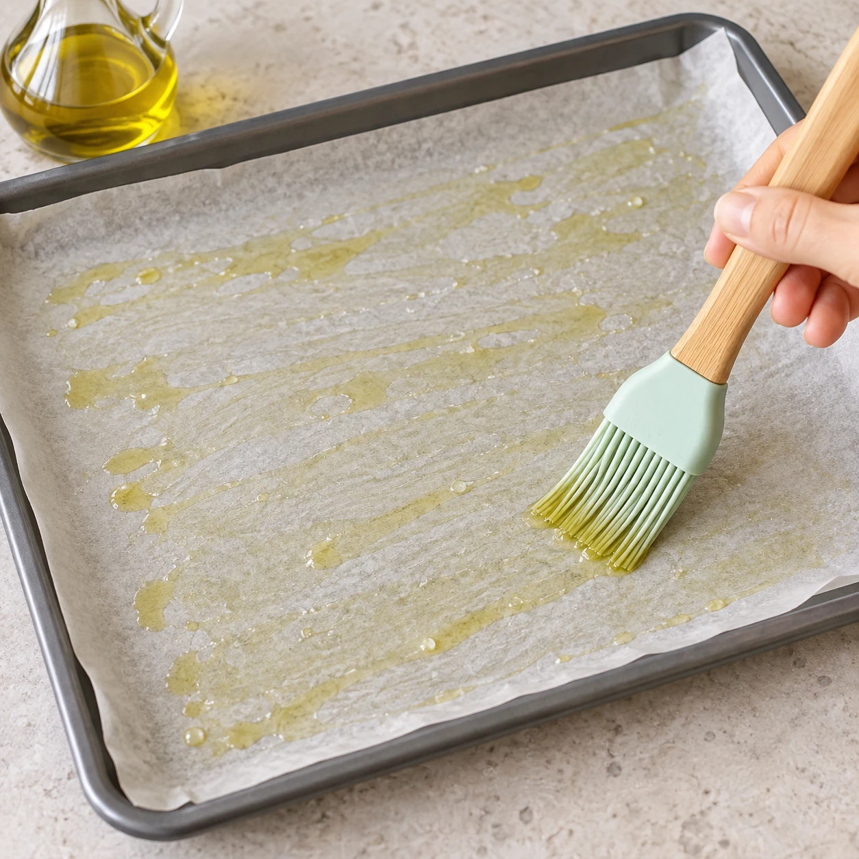 Recouvrez une plaque de papier sulfurisé et huilez sa surface avec de l’huile d’olive. Montrer uniquement cet état, sur pierre pâle et sans texte.
