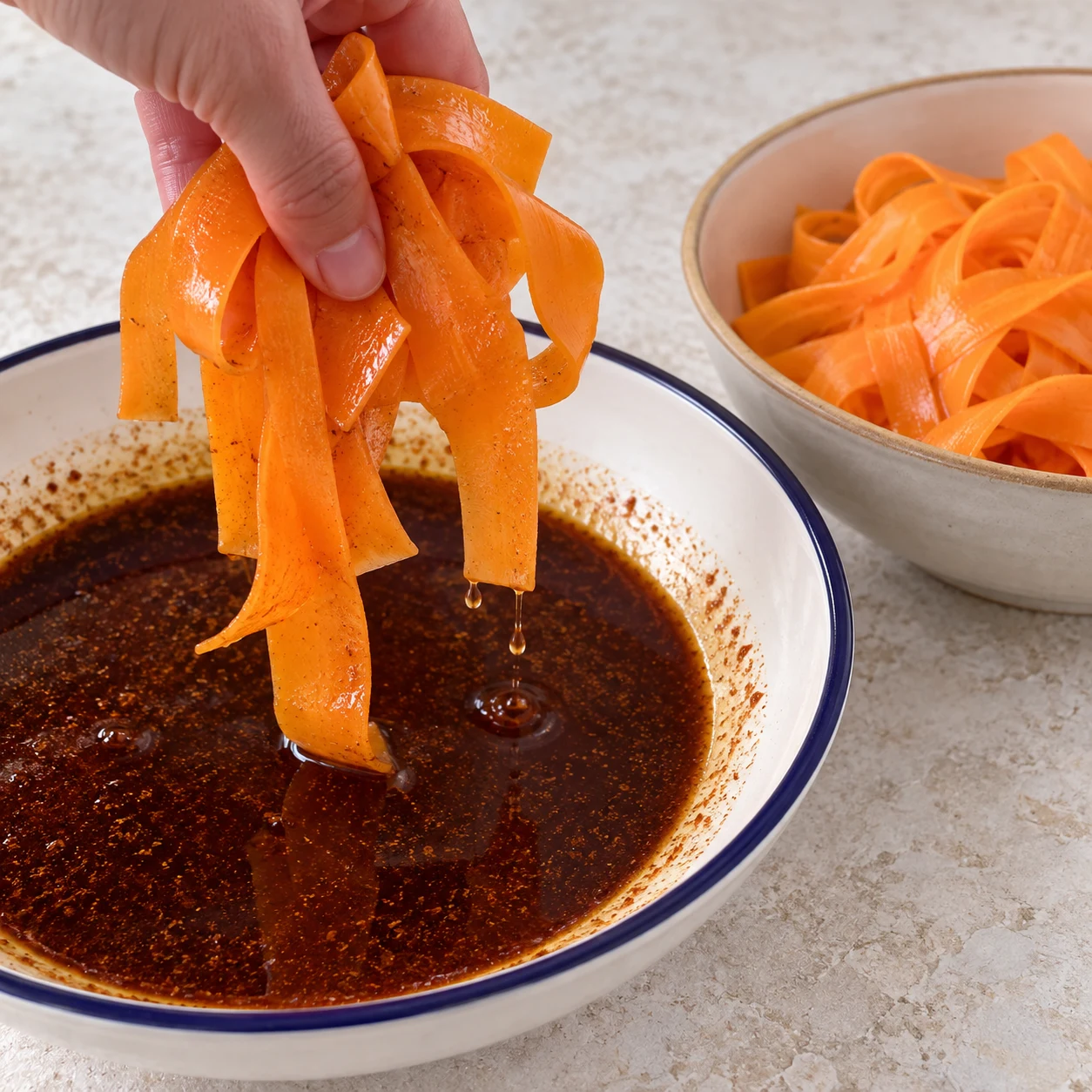 Égoutter les rubans de carotte au-dessus du bain de marinade et les réserver. Ne montrer aucune feuille de pâte à cette étape.