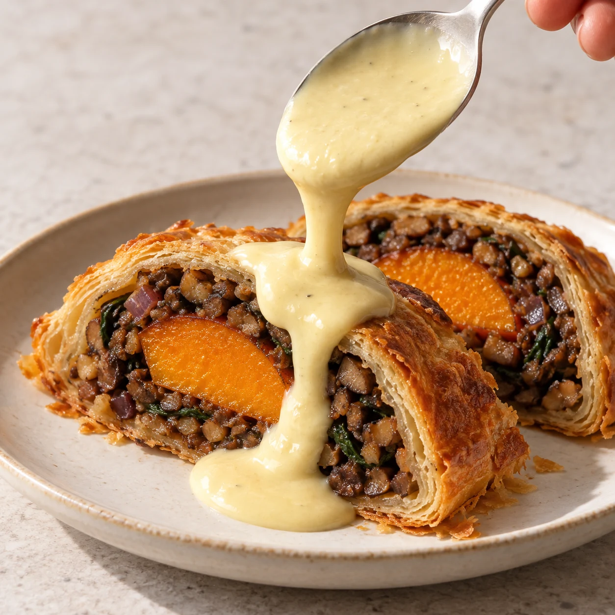 Sauce végétale légèrement jaune saveur cheddar versée à la cuillère sur une tranche de Wellington, cœur de butternut et farce brune visibles ; main anonyme seulement, aucune salade dans cette réalisation.