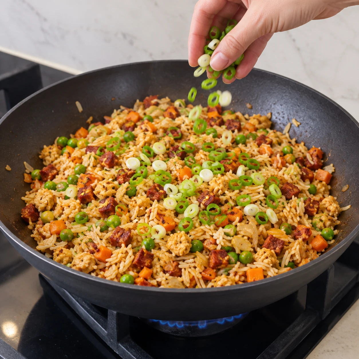 Une seule photo carrée montrant finir avec les cébettes. Les rondelles de cébettes sont réparties dans le riz chaud. Seulement les ingrédients déjà présents : Mini chorizo végétal, Mini chorizo végétal, Huile de tournesol, Oignon jaune, Ail, Carotte, Petits pois, Riz basmati cuit et refroidi, Pois chiches cuits égouttés, Sauce soja, Huile de sésame, Poivre noir, Cébettes. Les éclats sont beige de pois chiches, sans œuf, sans tofu et sans purée lisse. Les dés sont rouge-brun de chorizo entièrement végétal, sans viande ni morceaux de gras blanc.