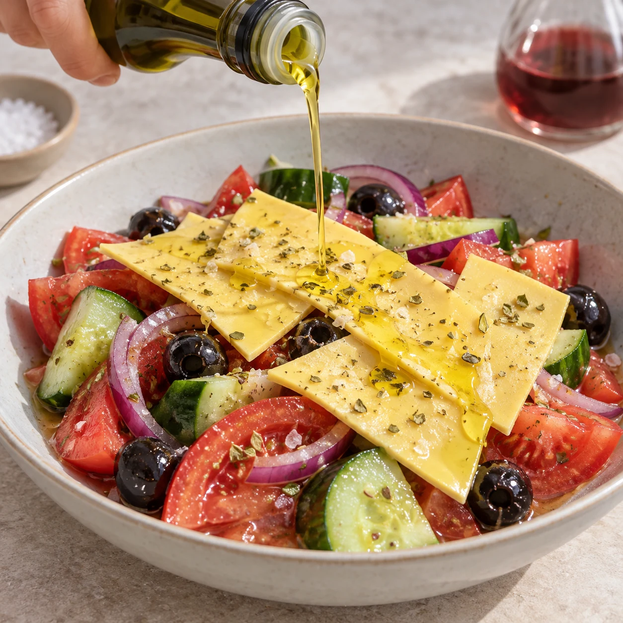 Un filet d’huile tombe sur les fines tranches végétales jaunes posées entières sur les légumes crus et les olives noires ; aucun bloc blanc.