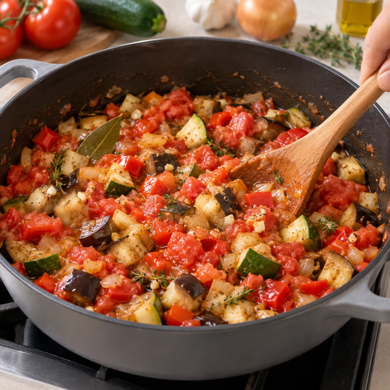 Ajouter la tomate : Les morceaux de tomate sont répartis dans la compotée.
