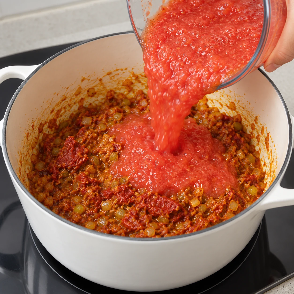 Pulpe de tomates versée dans la cocotte contenant les aromates et le concentré ; sans viande.
