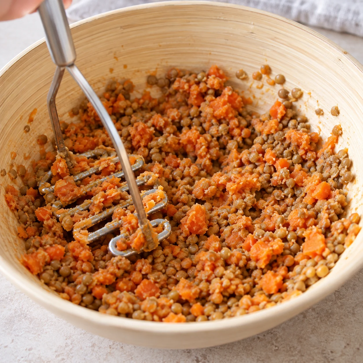 Presse-purée écrasant des morceaux orange de carottes cuites dans les lentilles.