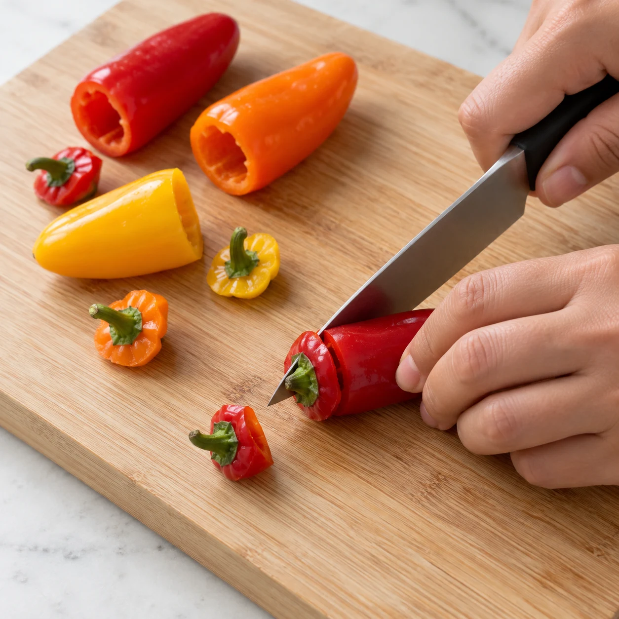 Couper les chapeaux. Coupe le chapeau de chaque mini-poivron, sur une planche stable. Une seule action ; uniquement les ingrédients déjà présents à cette étape. Photographie carrée de livre de cuisine, sans personne identifiable ni texte.