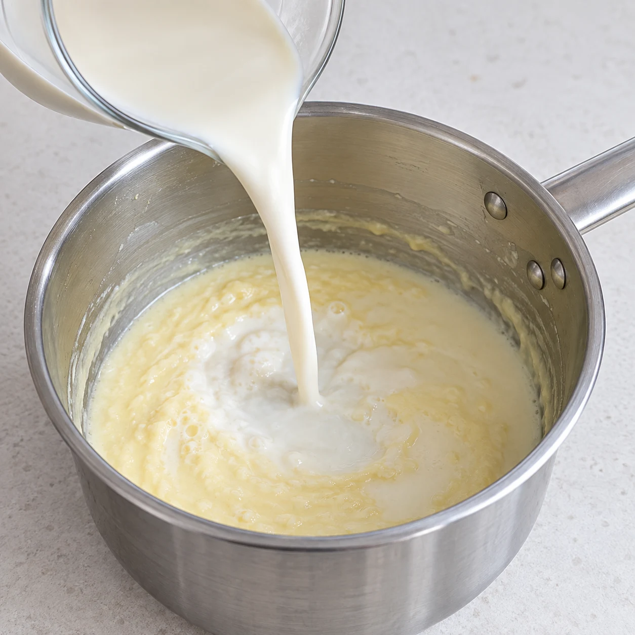 Verser boisson soja dans casserole roux.