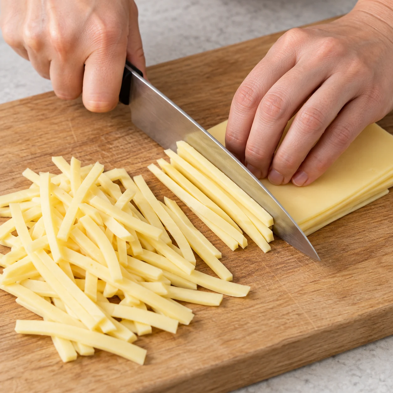 Sur une planche stable en bois, deux mains adultes anonymes coupent avec une prise en griffe sûre des tranchettes végétales jaune pâle en fines lanières ; couteau visible, doigts protégés, aucun autre aliment.