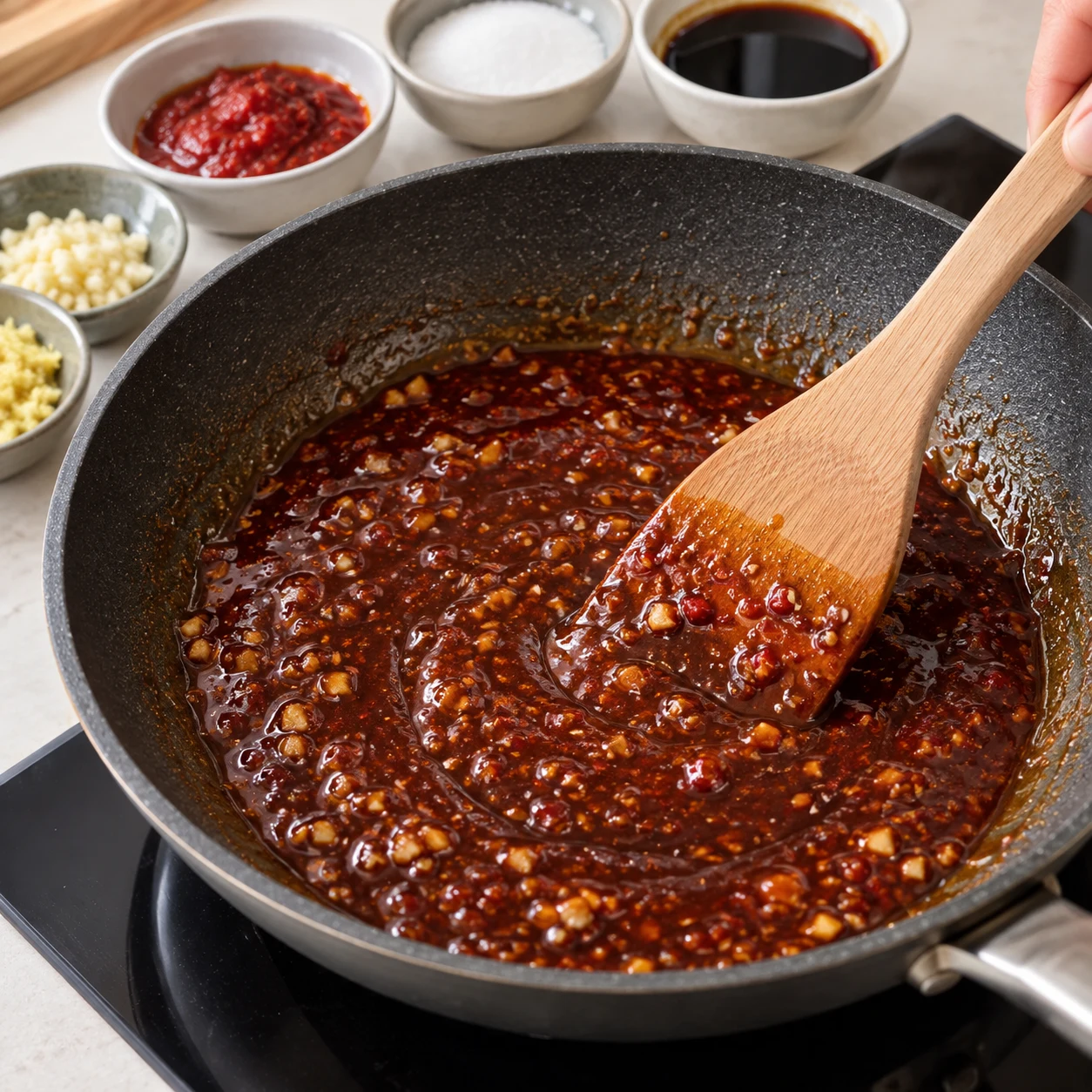 Sauce brun-rouge brillante mélangée à la spatule, sans tofu émietté ni tofu.