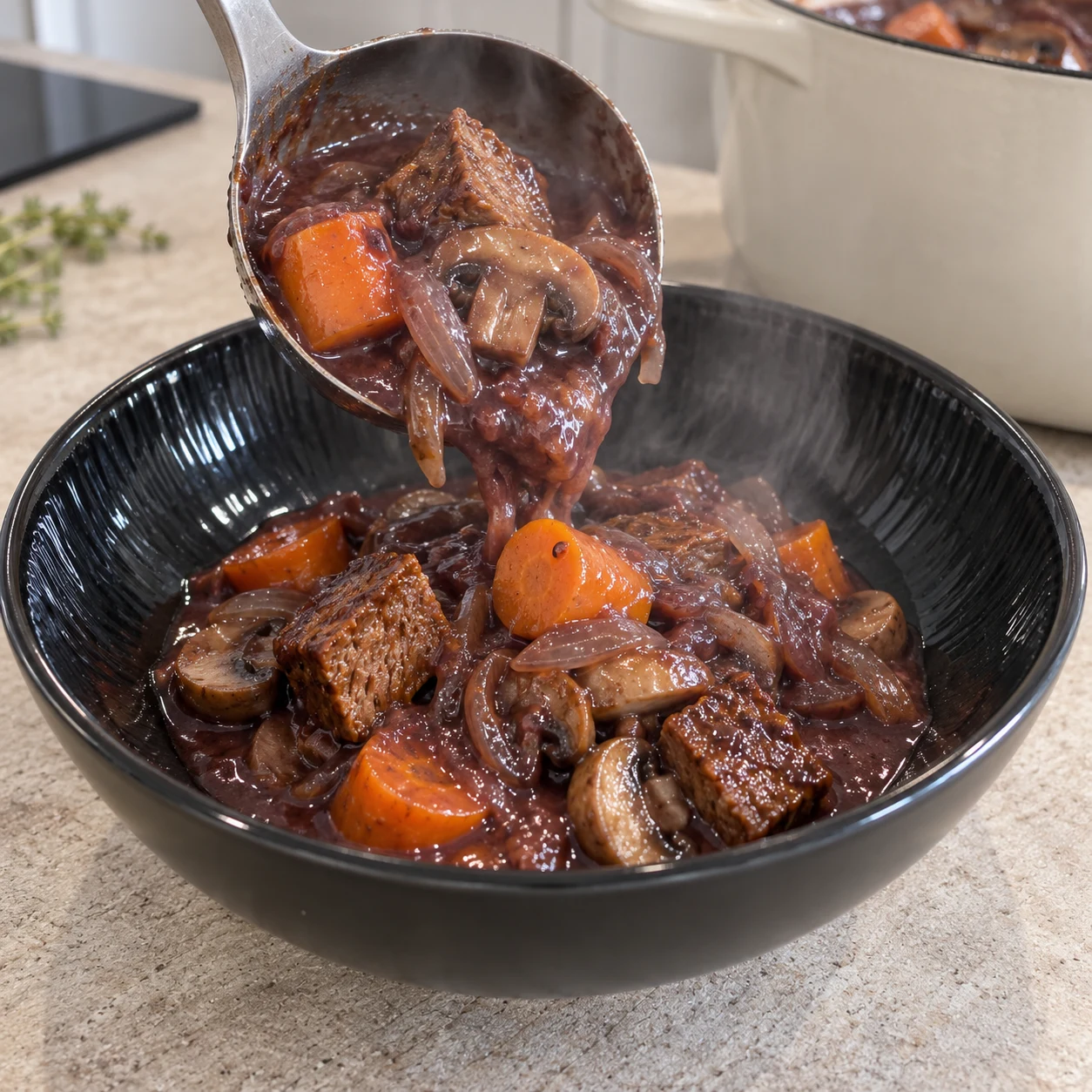 Louche qui dépose du bourguignon au steak végétal, carottes et lamelles d'oignon dans une sauce bordeaux brillante au fond d'un bol creux noir.