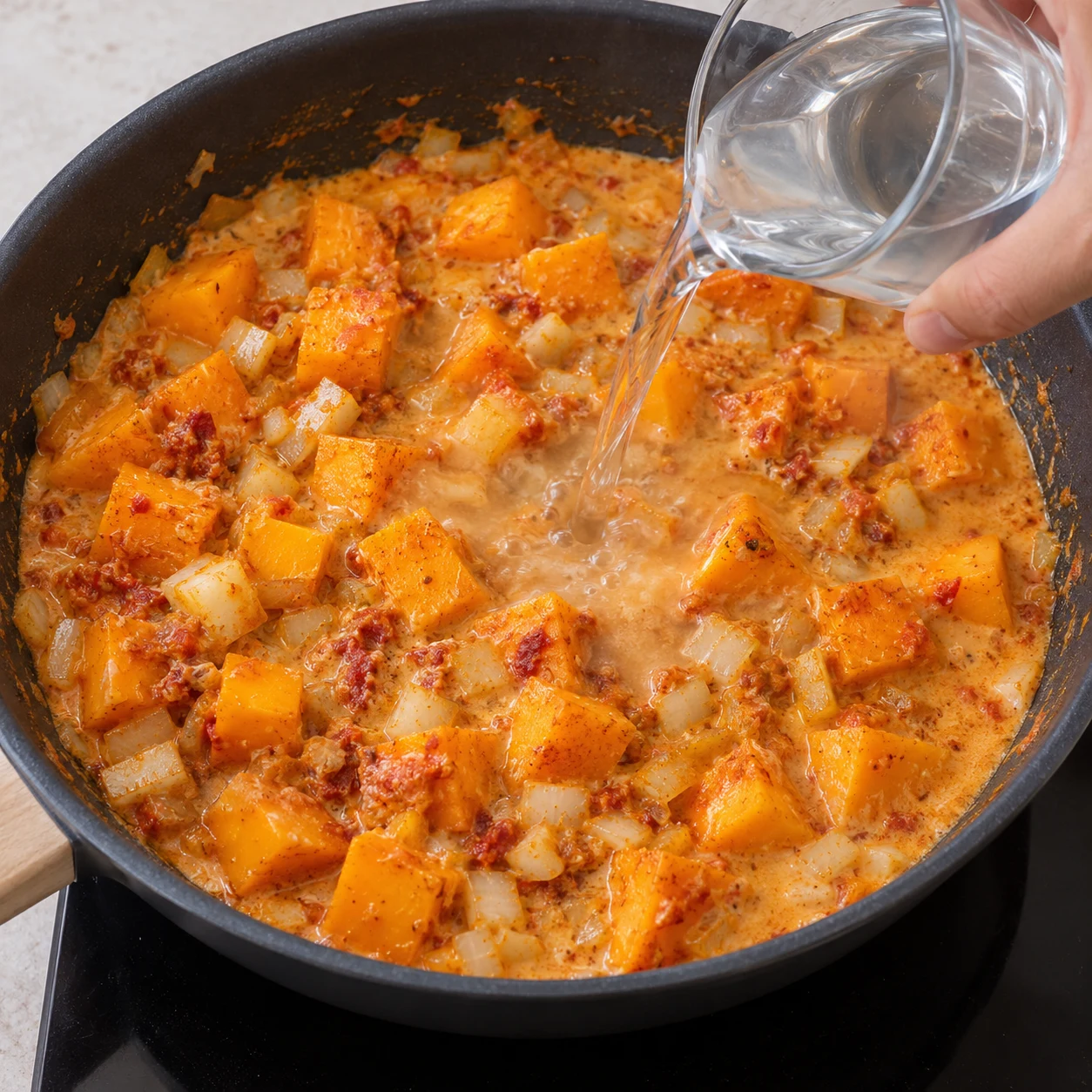 Eau claire versée depuis un petit récipient dans la sauce de coco orange autour des cubes ; pas de feuilles vertes.