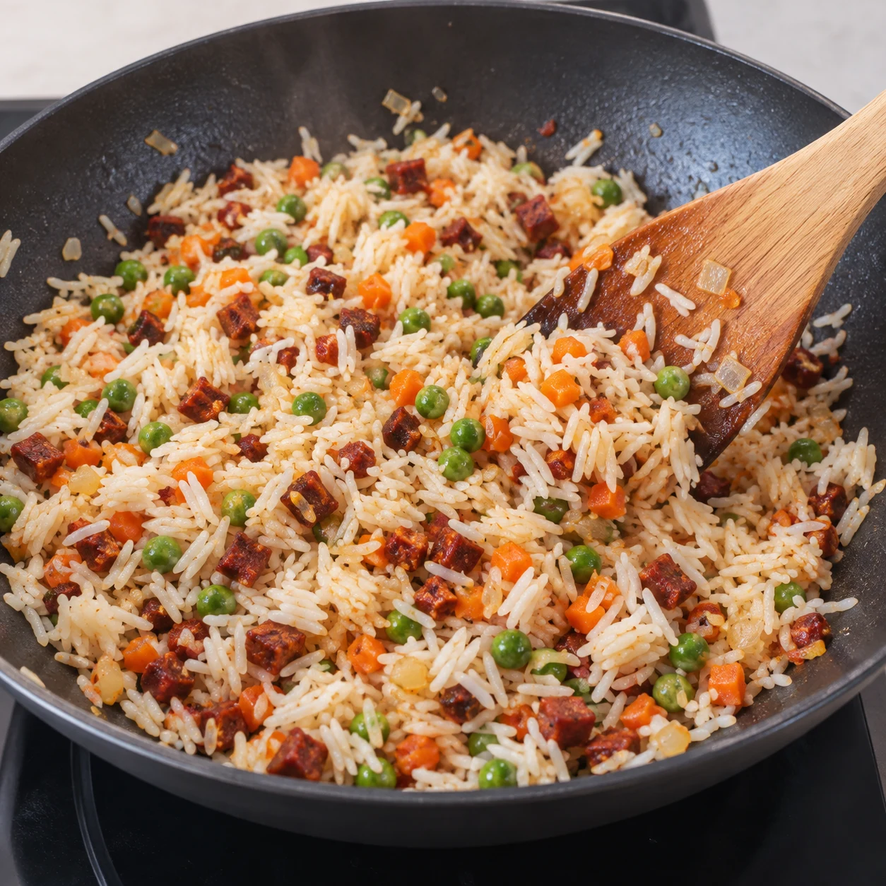 Une seule photo carrée montrant faire sauter le riz froid. Les grains de riz sont séparés et répartis dans tout le wok. Seulement les ingrédients déjà présents : Mini chorizo végétal, Mini chorizo végétal, Huile de tournesol, Oignon jaune, Ail, Carotte, Petits pois, Riz basmati cuit et refroidi. Les dés sont rouge-brun de chorizo entièrement végétal, sans viande ni morceaux de gras blanc.