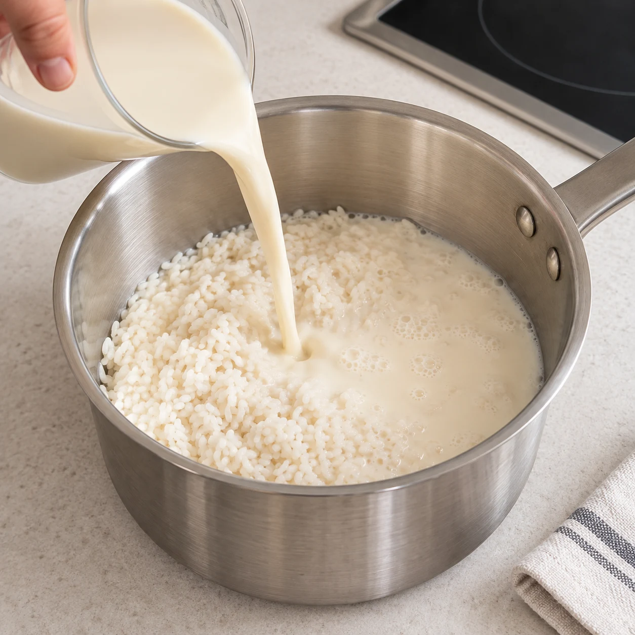 Boisson végétale blanche versée sur le riz dans une casserole.