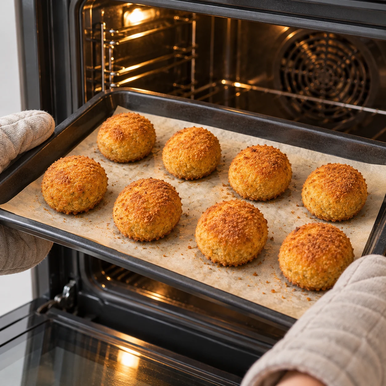Une photographie carrée de cette seule action : Fais cuire les croquettes 15 minutes au four à 220 °C. Résultat attendu : Les croquettes sont dorées et leur cœur végétal est fondant. Seulement les ingrédients de cette étape. Aucun ingrédient futur ni garniture ajoutée, aucun texte ni personne identifiable. Mains adultes anonymes seulement pour le geste. Le cœur adapté est crémeux légèrement jaune, sans persillage bleu.