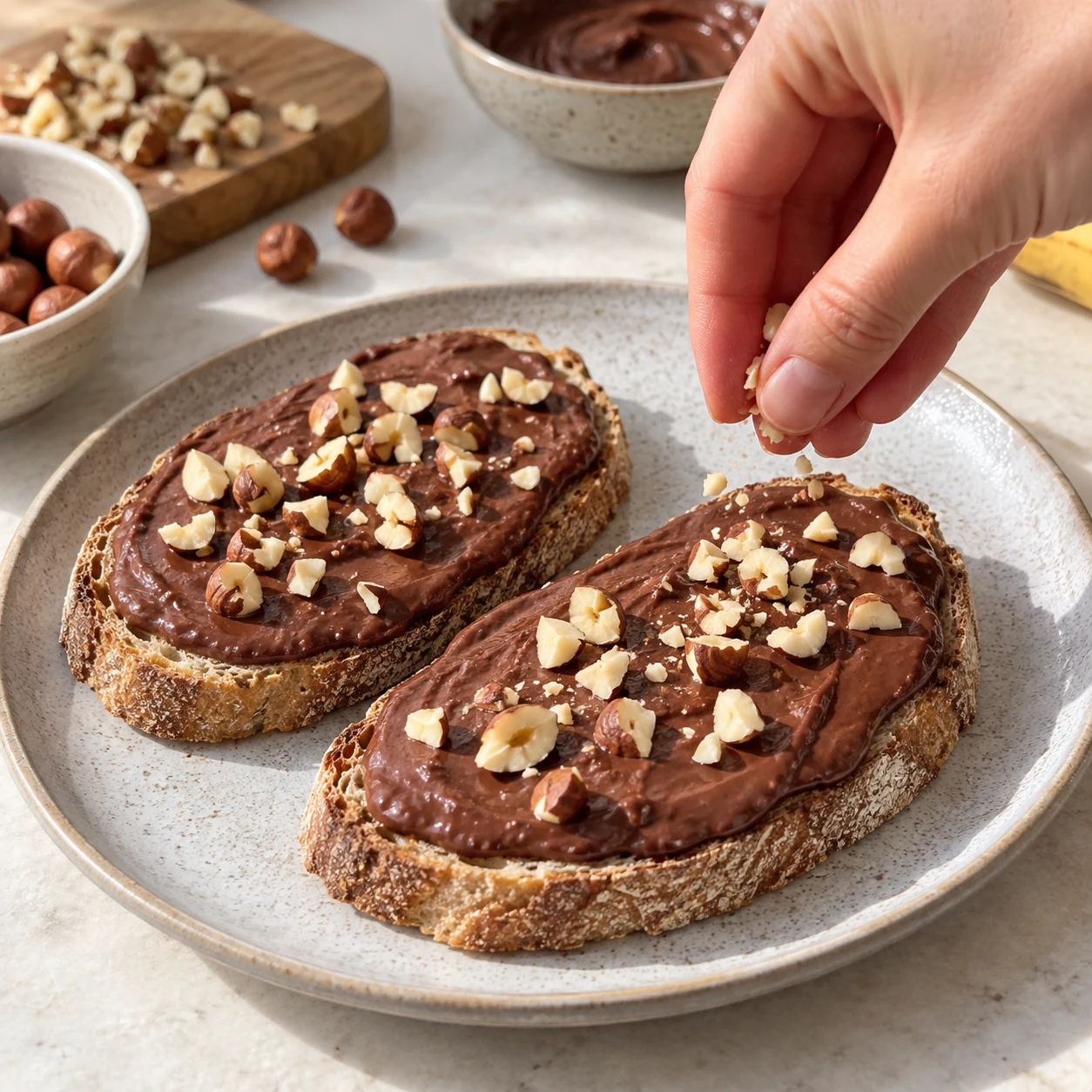 Main adulte anonyme déposant des éclats de noisettes sur la couche chocolatée, deux tartines au levain.