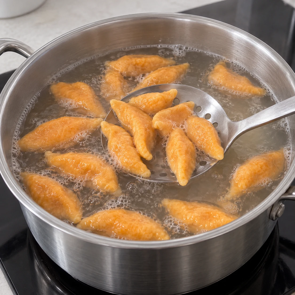 Gnocchis orange flottant dans l’eau bouillante, pas de sauce.