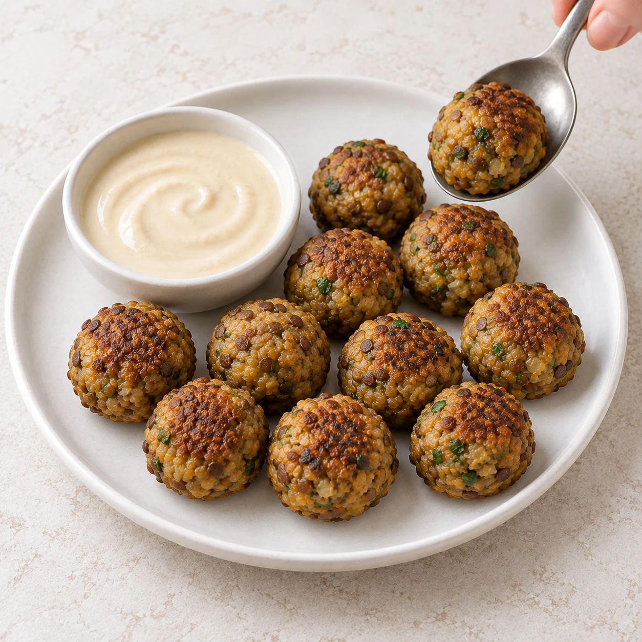 Une assiette neutre avec environ dix petites boulettes de lentilles dorées et un petit bol de sauce soja-tahini-citron. Aucun quinoa, crudité, feta ou autre garniture dans cette préparation autonome.
