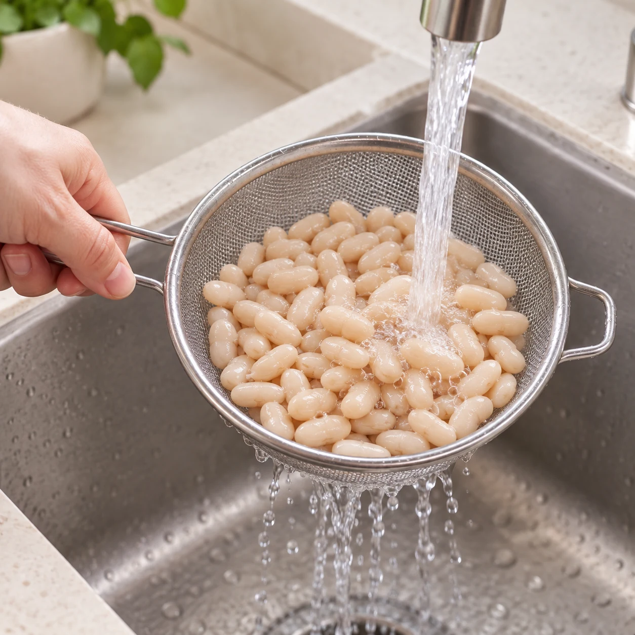 Rince les mogettes en conserve dans une passoire, puis égoutte-les pour obtenir 200 g de mogettes cuites à incorporer. Le rinçage ne garantit pas l’absence de sel.