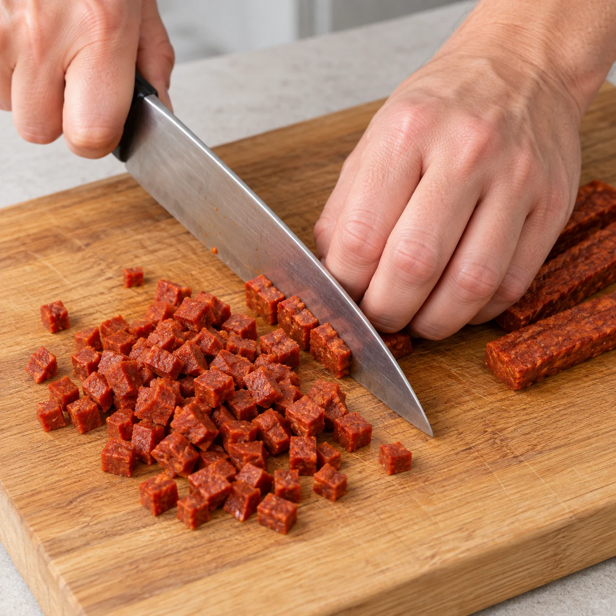 Une seule photo carrée : couper 80 g de bâtonnets de chorizo végétal rouge-brun en petits dés réguliers, main anonyme en griffe sur une planche stable. Aucun autre ingrédient, aucune viande ni morceau de gras blanc.