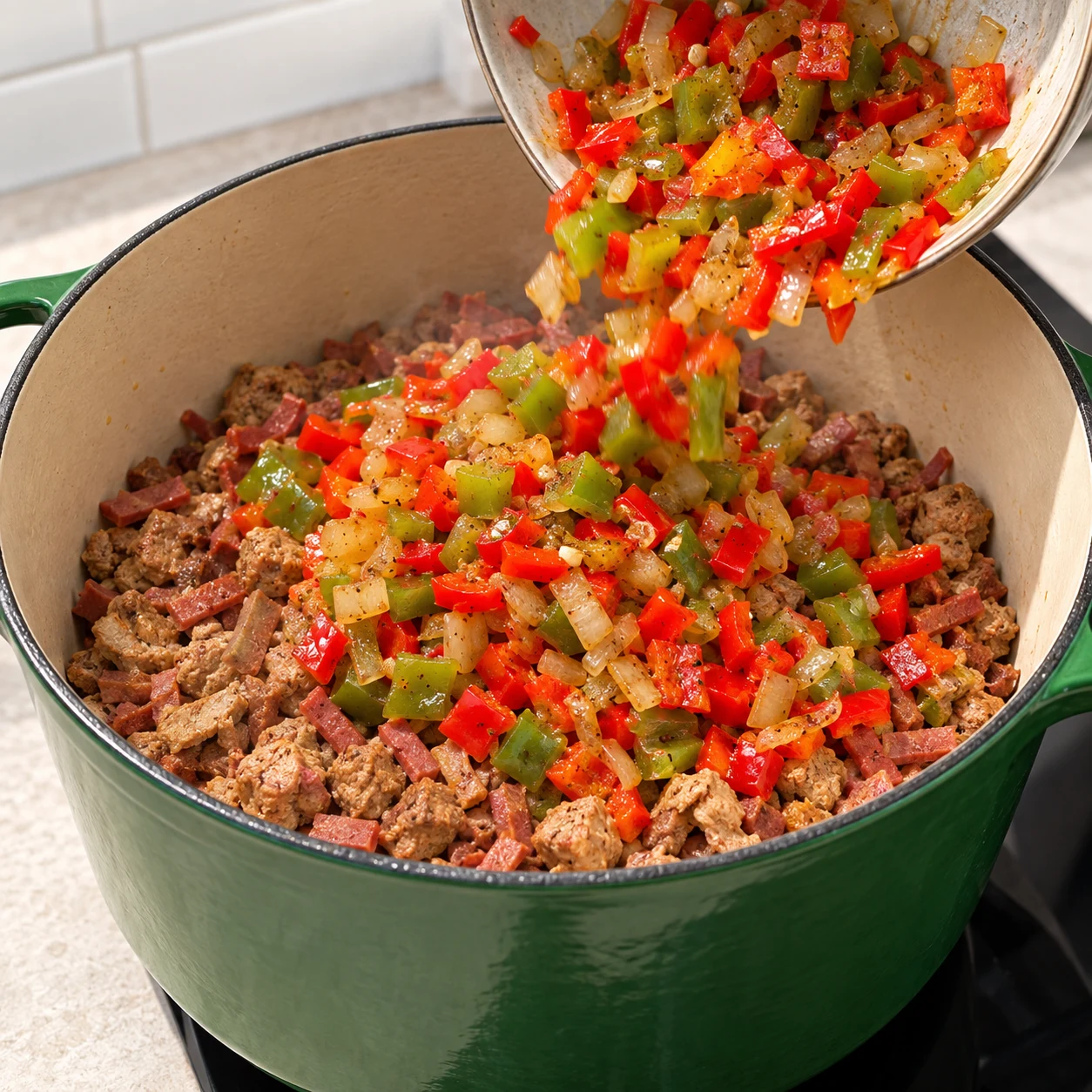 Versement des petits dés de légumes sur les morceaux végétaux et les lardons colorés.