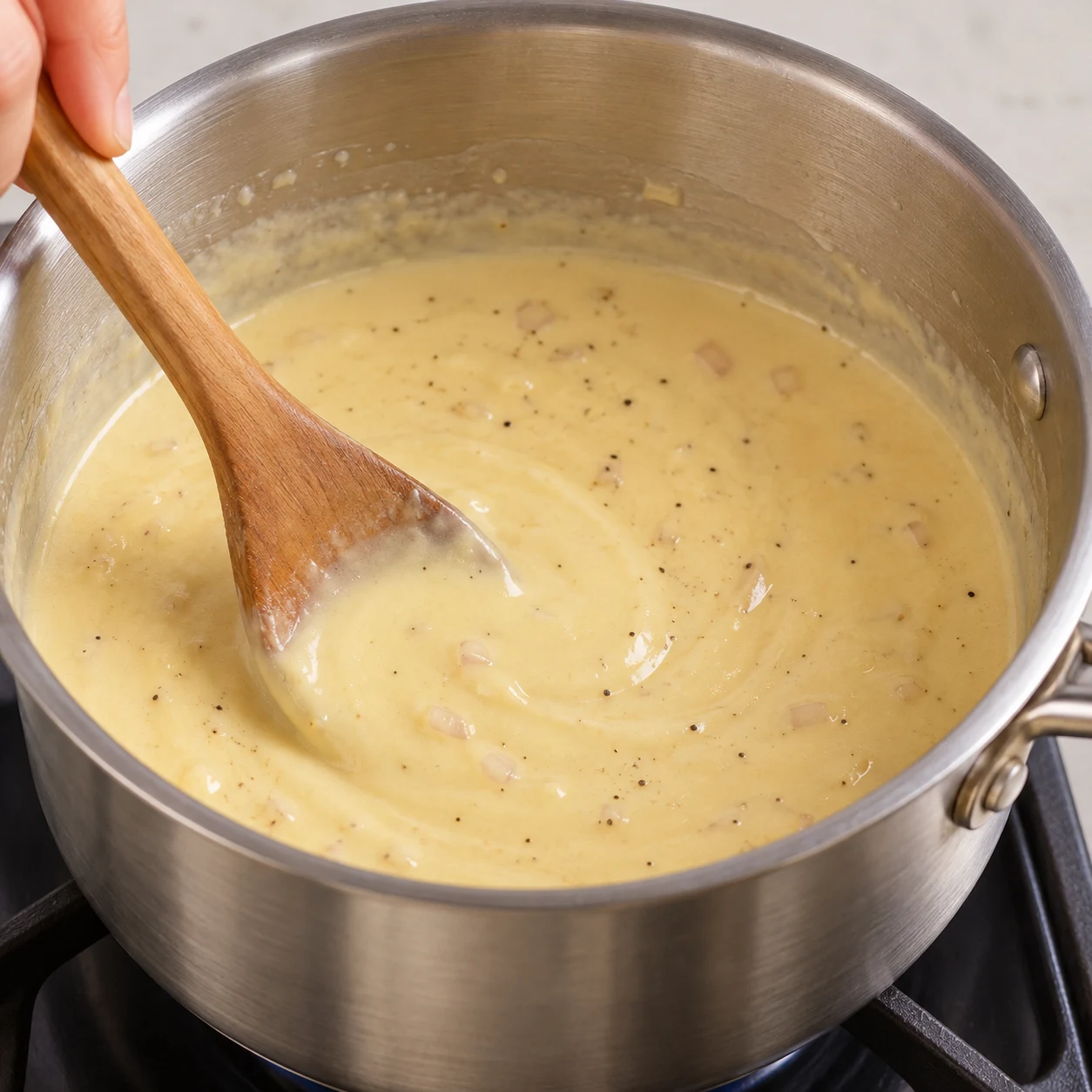 Sauce sauce végétale légèrement jaune, saveur cheddar remuée à feu doux dans une casserole.
